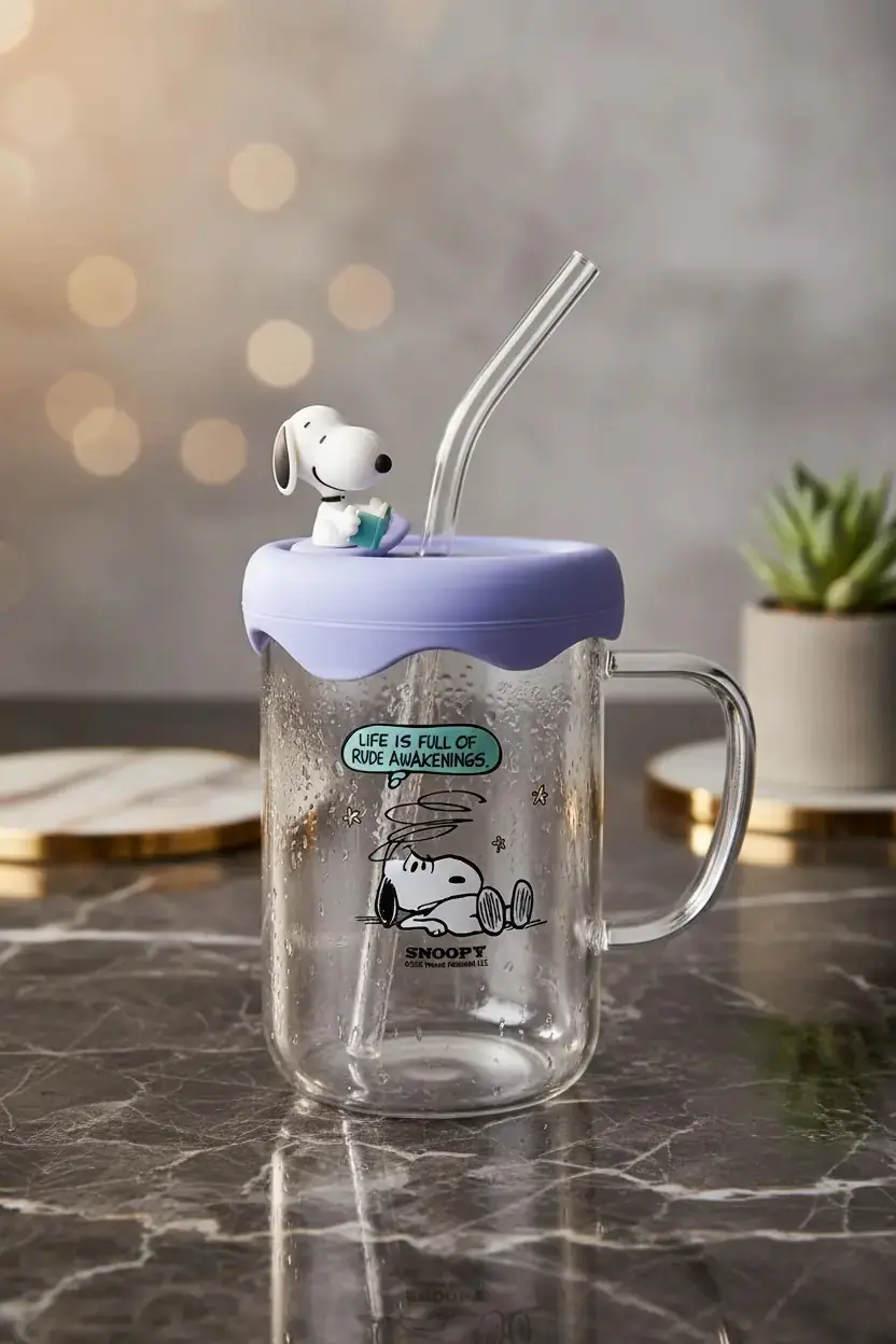 Snoopy Lisanslı Vintage Koleksiyonu Silikon Kapaklı Borosilikat Bardak – Figürlü Cam Kupa 500 Ml