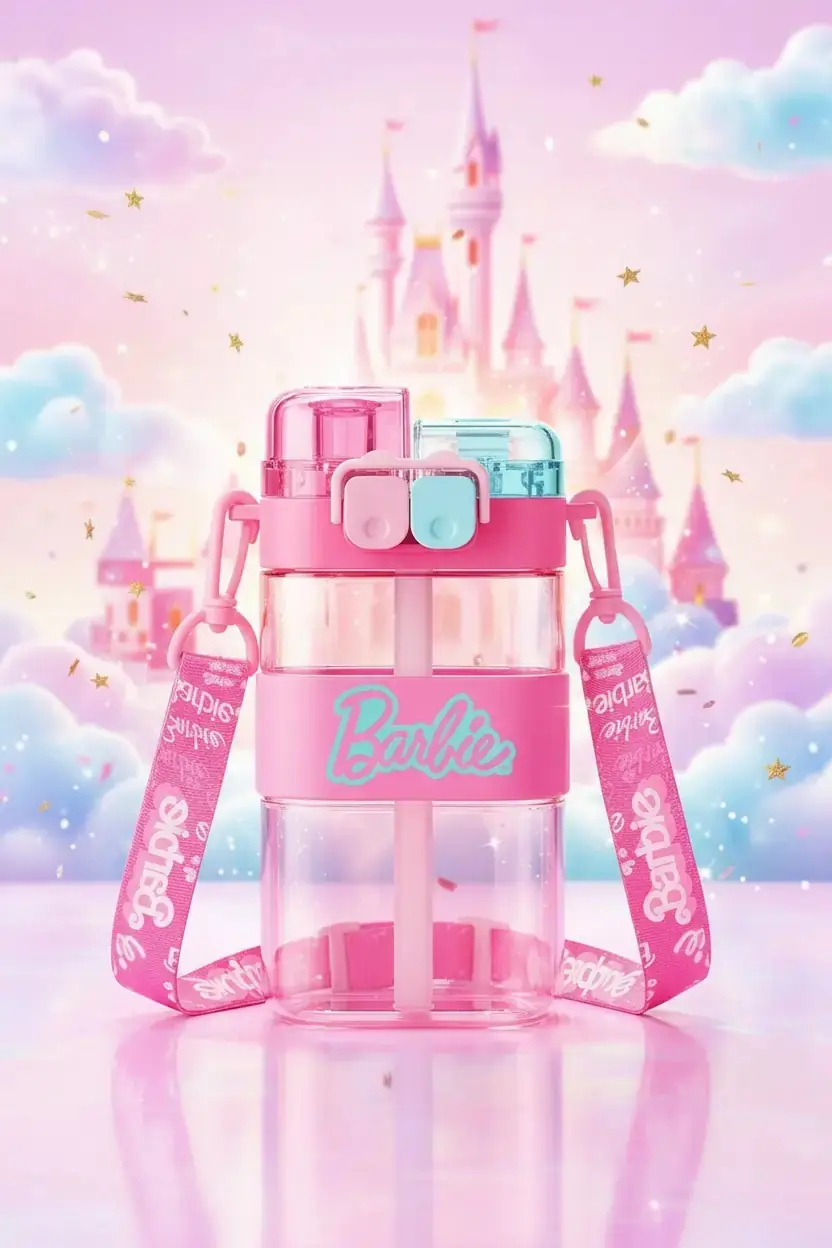 Barbie Lisanslı Omuz Askılı Plastik Şişe 560 Ml – Pipetli Su Matarası