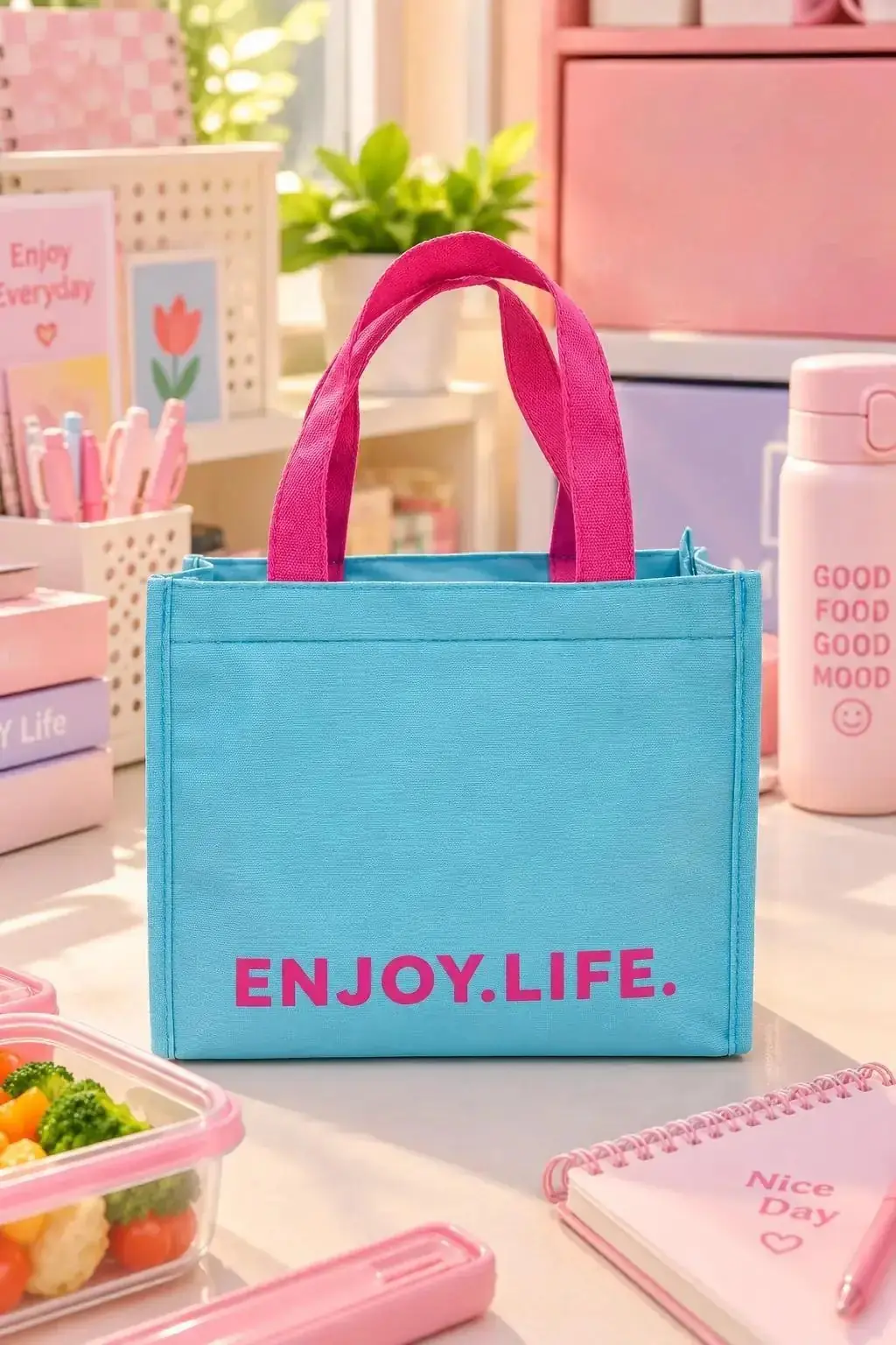 Miniso Lisanslı Dopamine Serisi Yalıtımlı Beslenme Çantası – Mavi Harf Desenli Öğle Yemeği Çantası