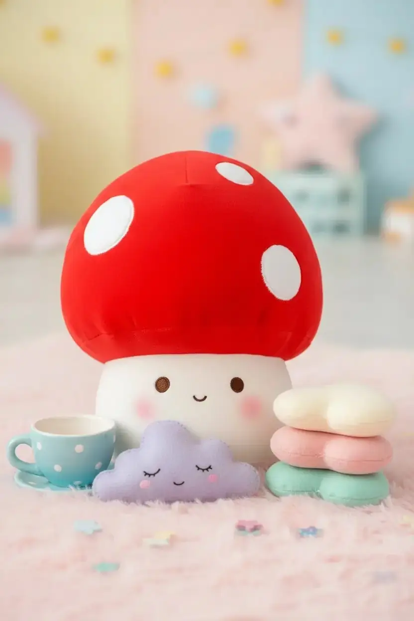Miniso Lisanslı Mantar Peluş Oyuncak Kırmızı Beyaz – Yumuşak ve Dekoratif Oyun Arkadaşı 22 Cm