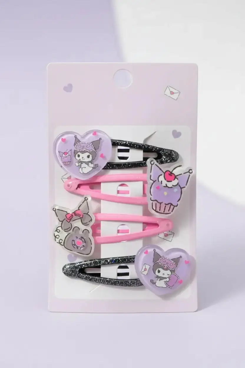 Sanrio Lisanslı Kuromi Figürlü Saç Tokası 11,5 Cm – Pembe Siyah Sevimli Aksesuar Seti