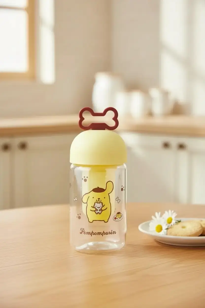 Sanrio Lisanslı Pompompurin Süzgeçli Borosilikat Cam Şişe – Bitki Çayı Demleme Matarası