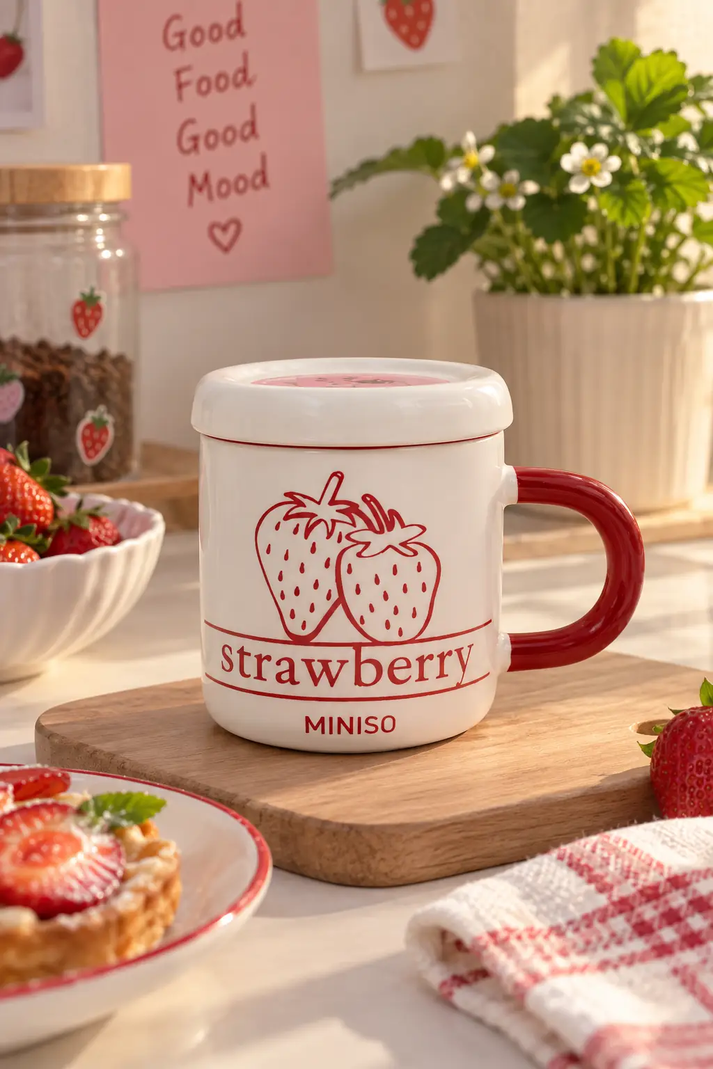 Miniso Lisanslı Çilek Kapaklı Seramik Kupa 350 mL – Sevimli Tasarım
