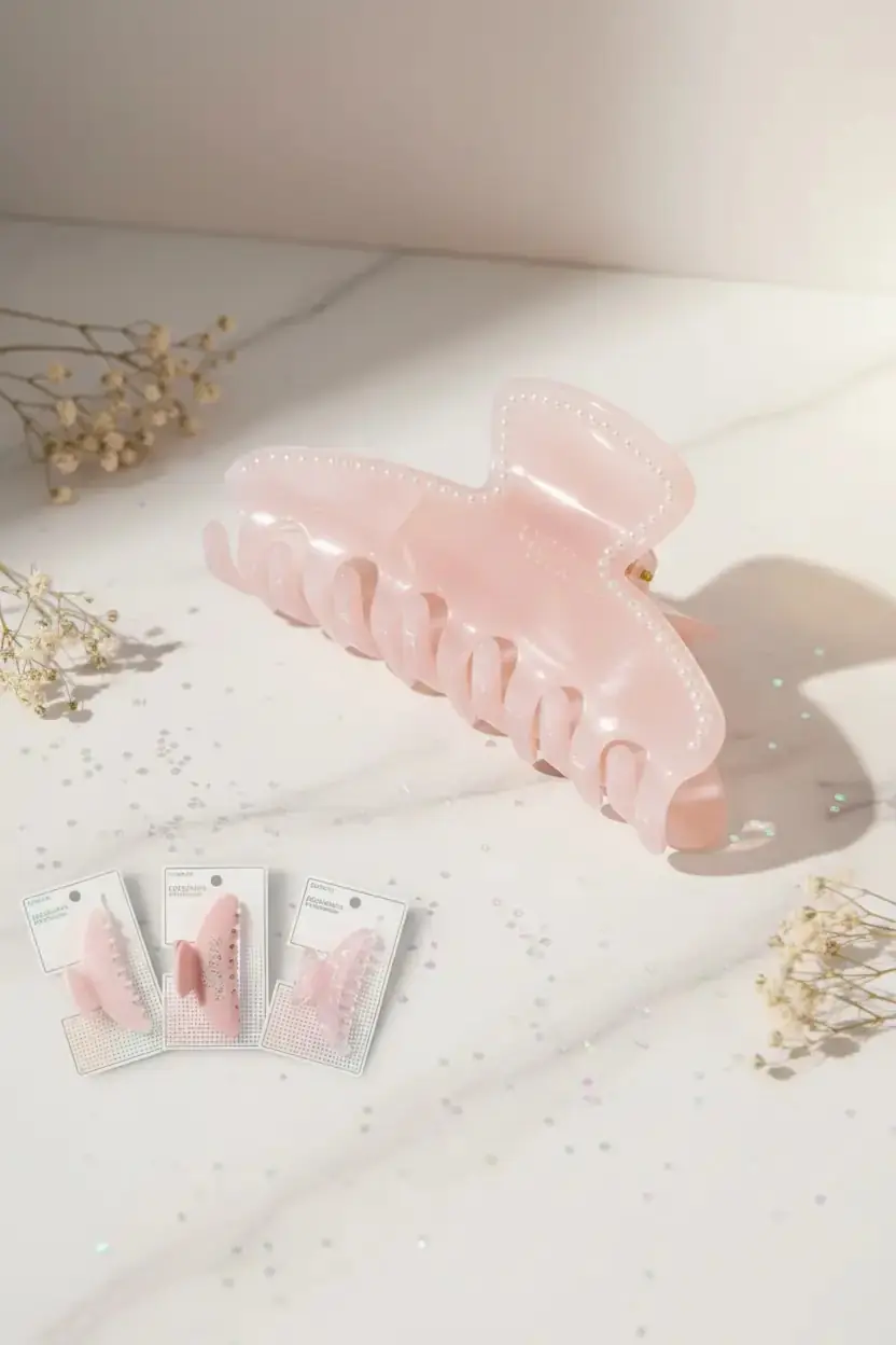Miniso Lisanslı Pembe Işıltılı Kıskaç Toka - İnci Pembesi Parlak Yüzeyli PVC Saç Aksesuarı ve Güçlü Tutuşlu Toka