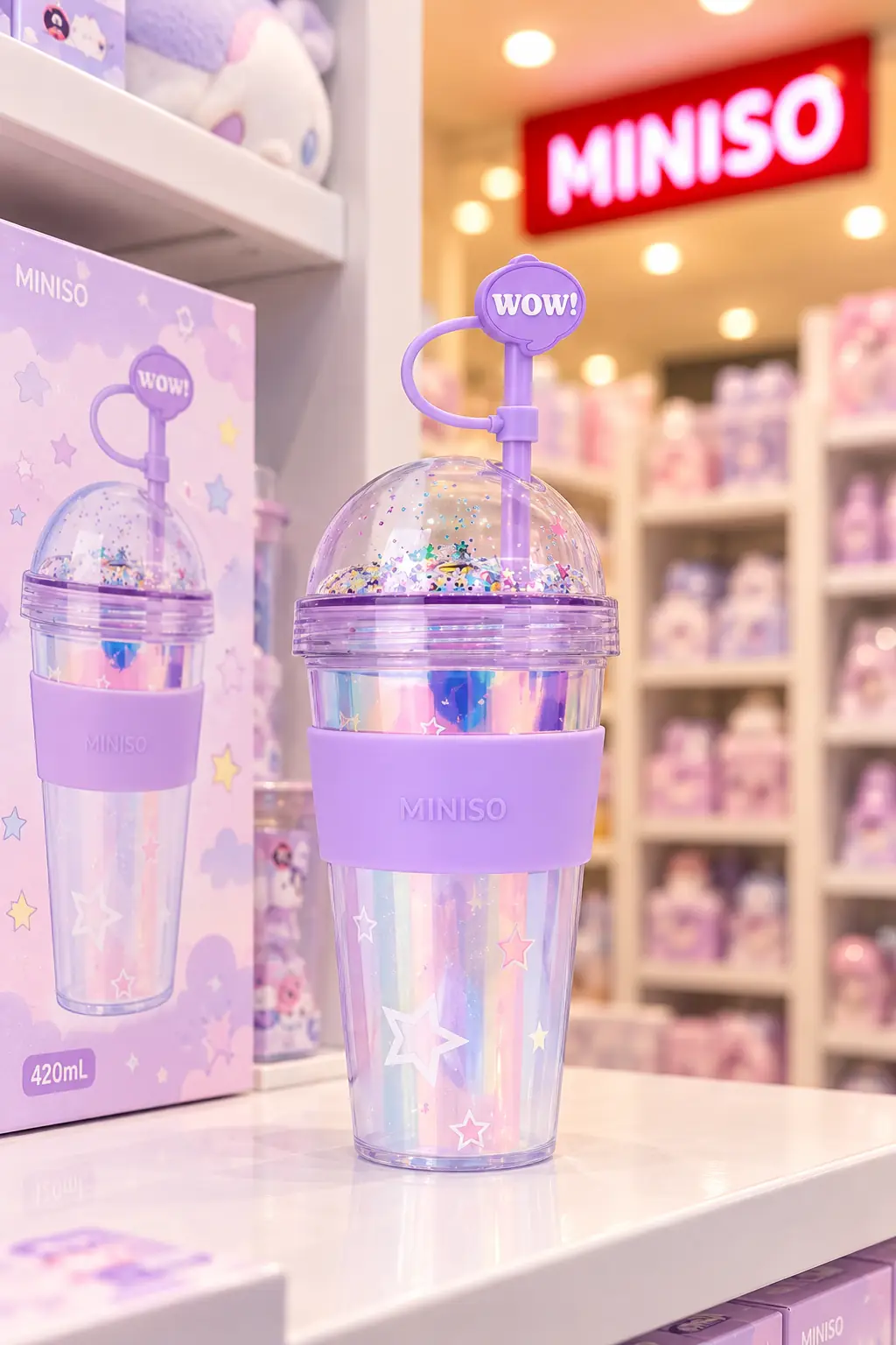 Miniso Lisanslı Holografik Seri Pipetli Çift Cidarlı Yıldız Desenli Plastik Şişe 420 ml
