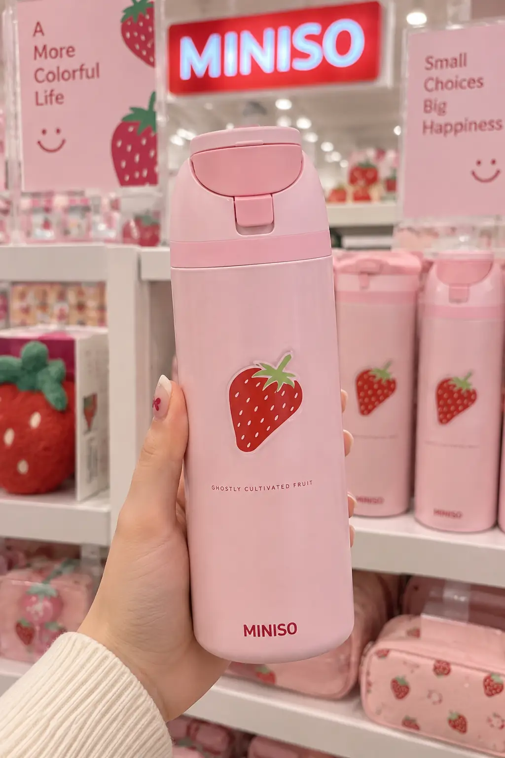Miniso Lisanslı Çilek Serisi Paslanmaz Çelik Şişe 720 mL – Açılır Kapaklı Pembe