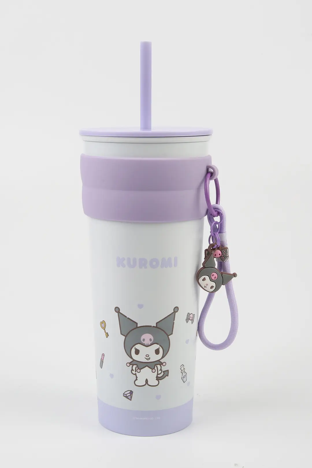 Sanrio Lisanslı Kuromi Matara 21 Cm – Pipetli Paslanmaz Çelik Charm Detaylı