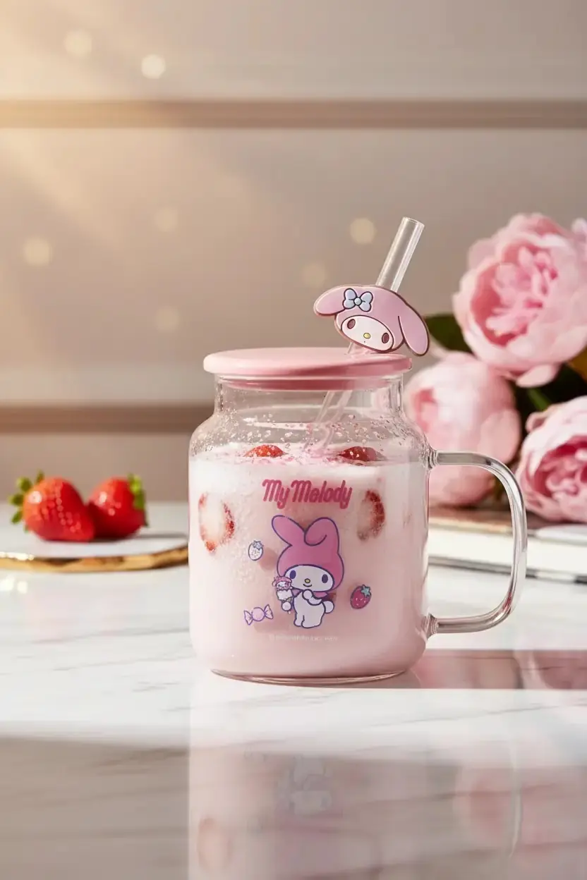 Sanrio Lisanslı My Melody Kapaklı ve Pipetli Cam Şişe – Figürlü Borosilikat Cam Kupa 450 Ml