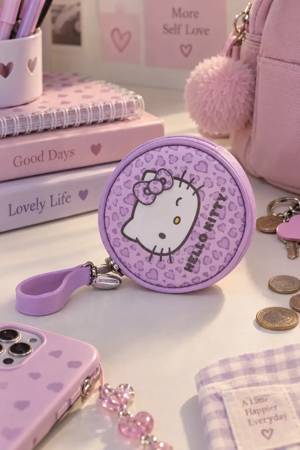 Hello Kitty Lisanslı Leopar Desenli Yuvarlak Bozuk Para Cüzdanı – Mor