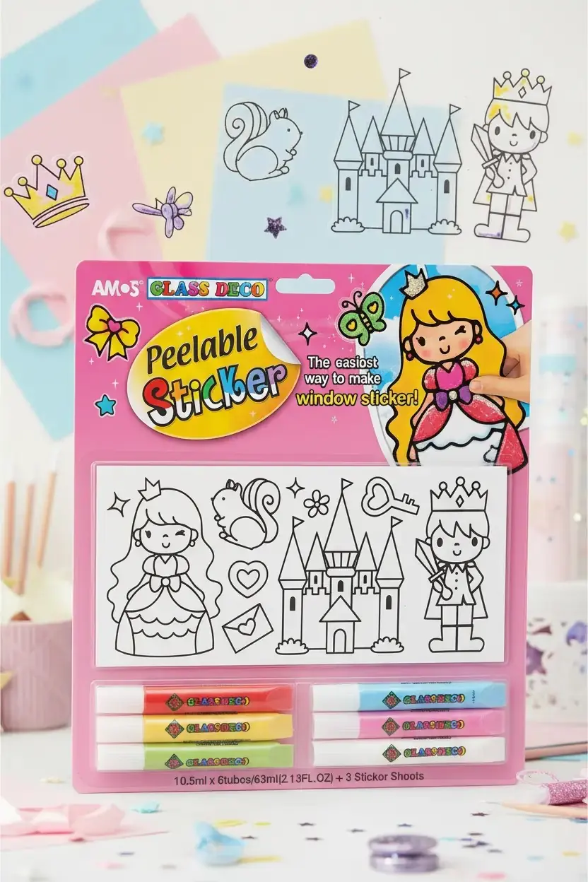 Amos Cam Boyama Seti Peelable Sticker – Tekrar Kullanılabilir İz Bırakmayan Yaratıcı Aktivite Seti