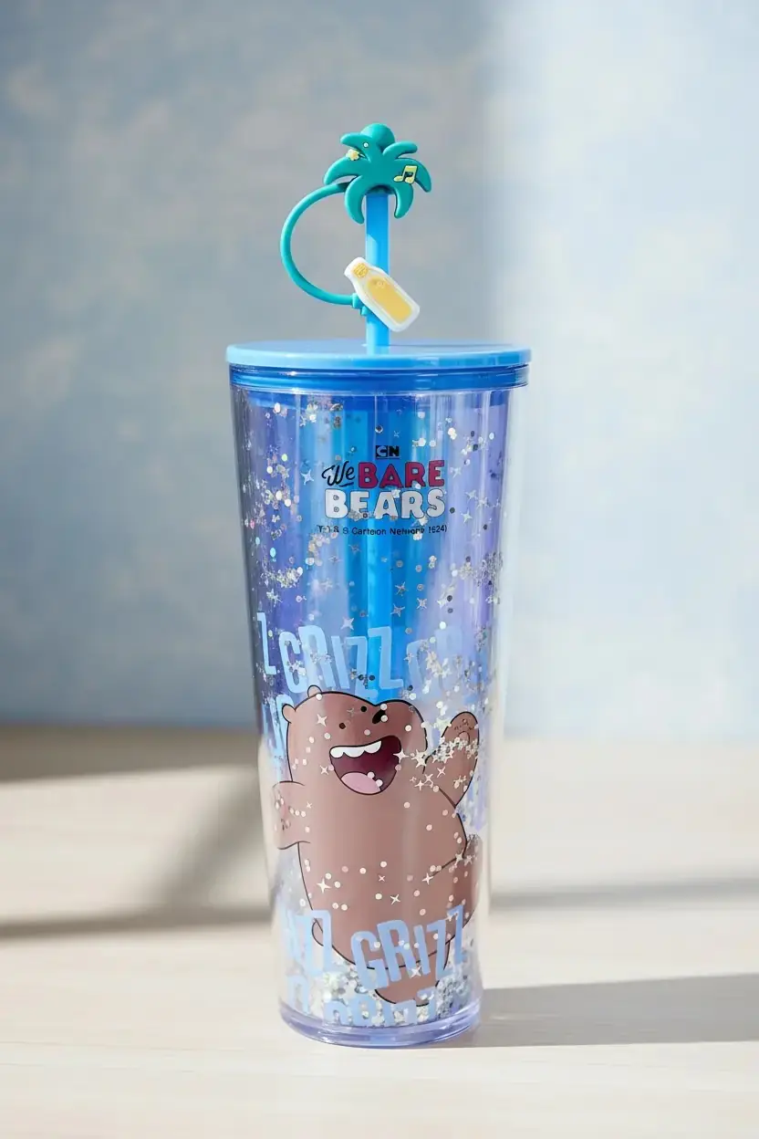 We Bare Bears Lisanslı Pipetli Çift Cidarlı Plastik Bardak 800 mL - Boz Ayı Temalı İçecek Arkadaşı