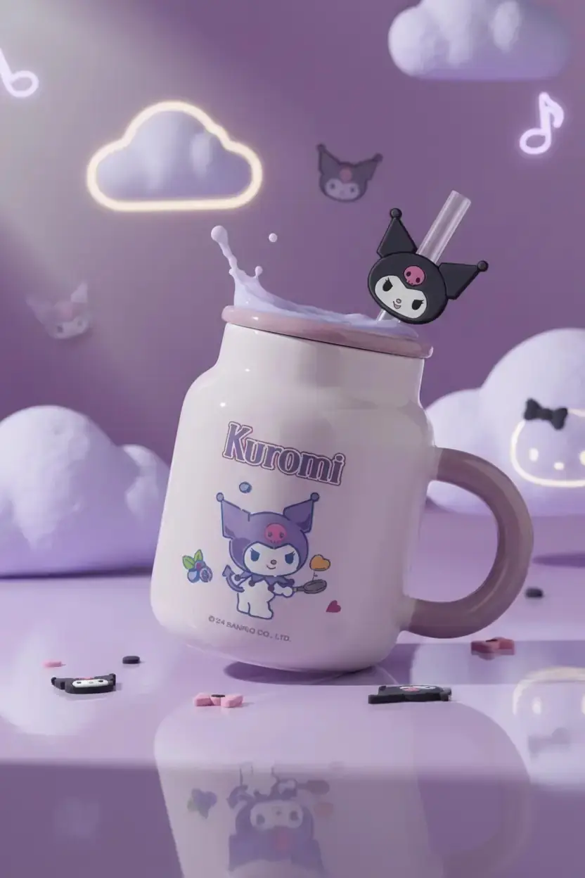 Sanrio Lisanslı Kuromi Seramik Kupa – 410 Ml – Kapaklı Ve Pipetli Tasarım