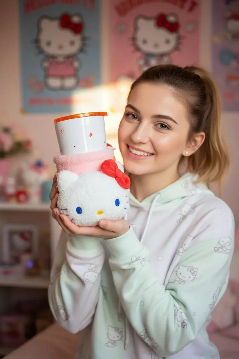 Sanrio Lisanslı Hello Kitty Paslanmaz Çelik Bardak – Peluş Dekoratif Kılıflı ve Sızdırmaz Kapaklı Koleksiyonluk Tasarım Bardak 550 ML