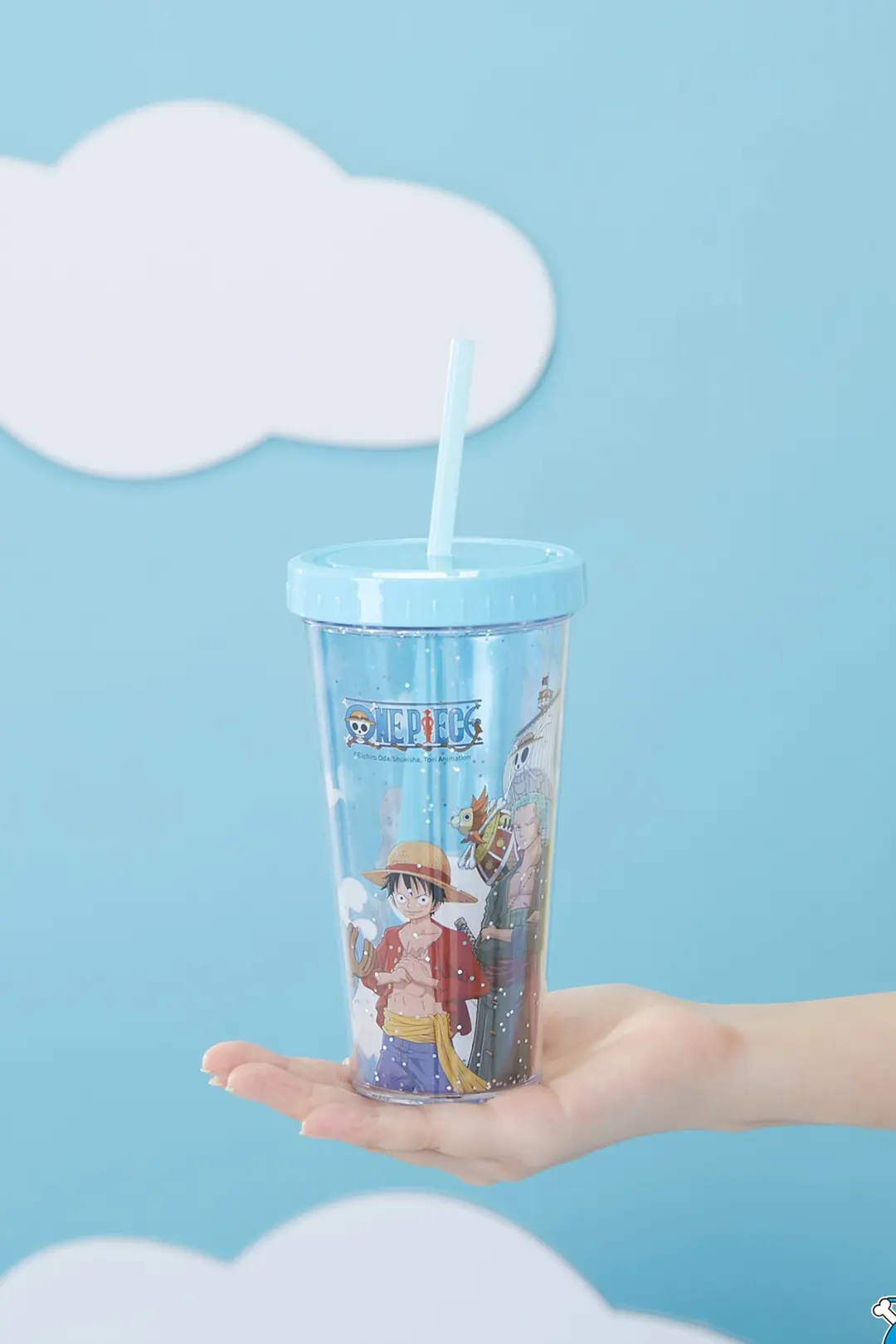 One Piece Lisanslı Çift Cidarlı Pipetli Plastik Su Kabı Mavi – 420 ml Terleme Yapmaz Şeffaf Matara