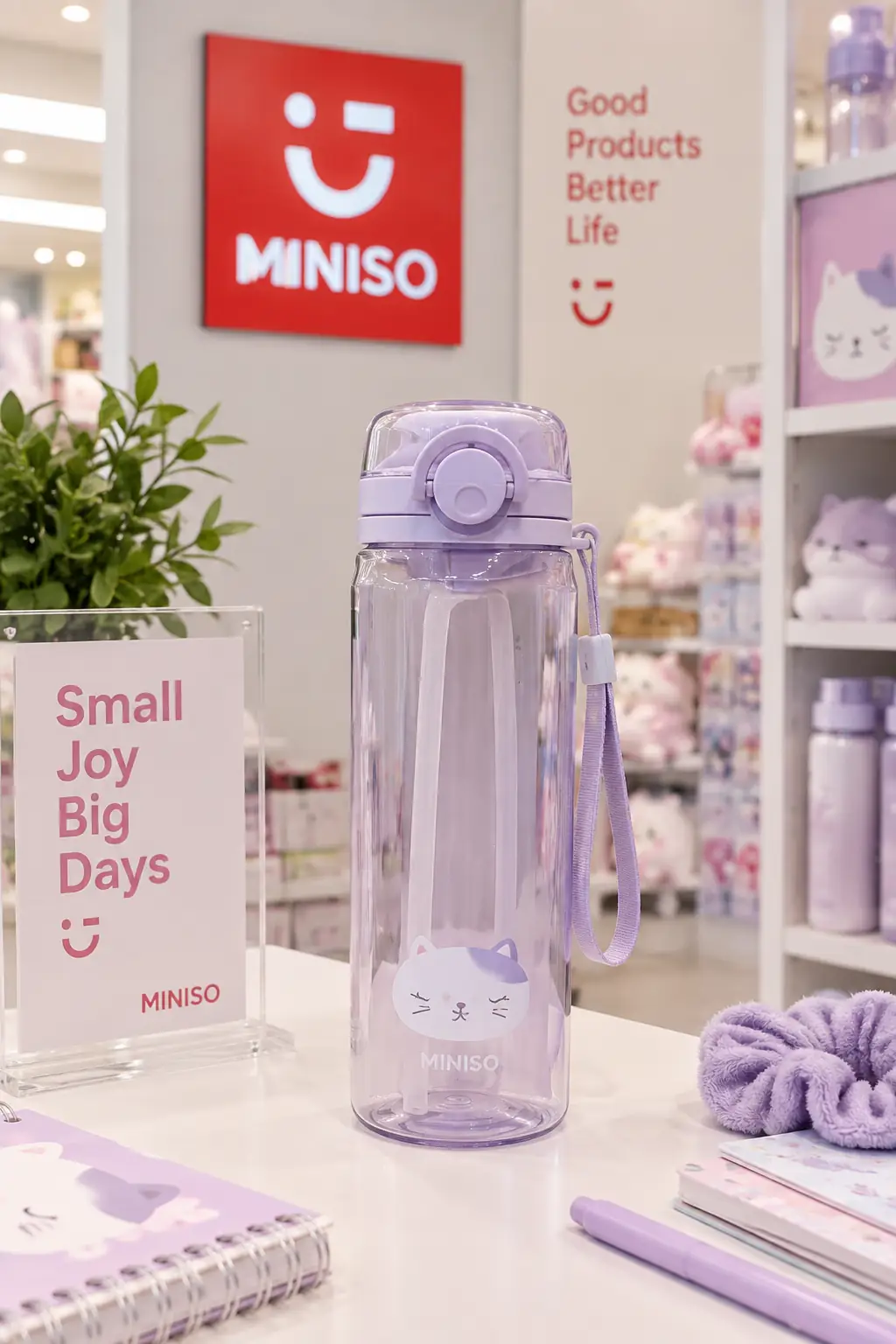 Miniso Lisanslı Hayvan Serisi Kapaklı Plastik Şişe Mor 620 Ml – Kayışlı