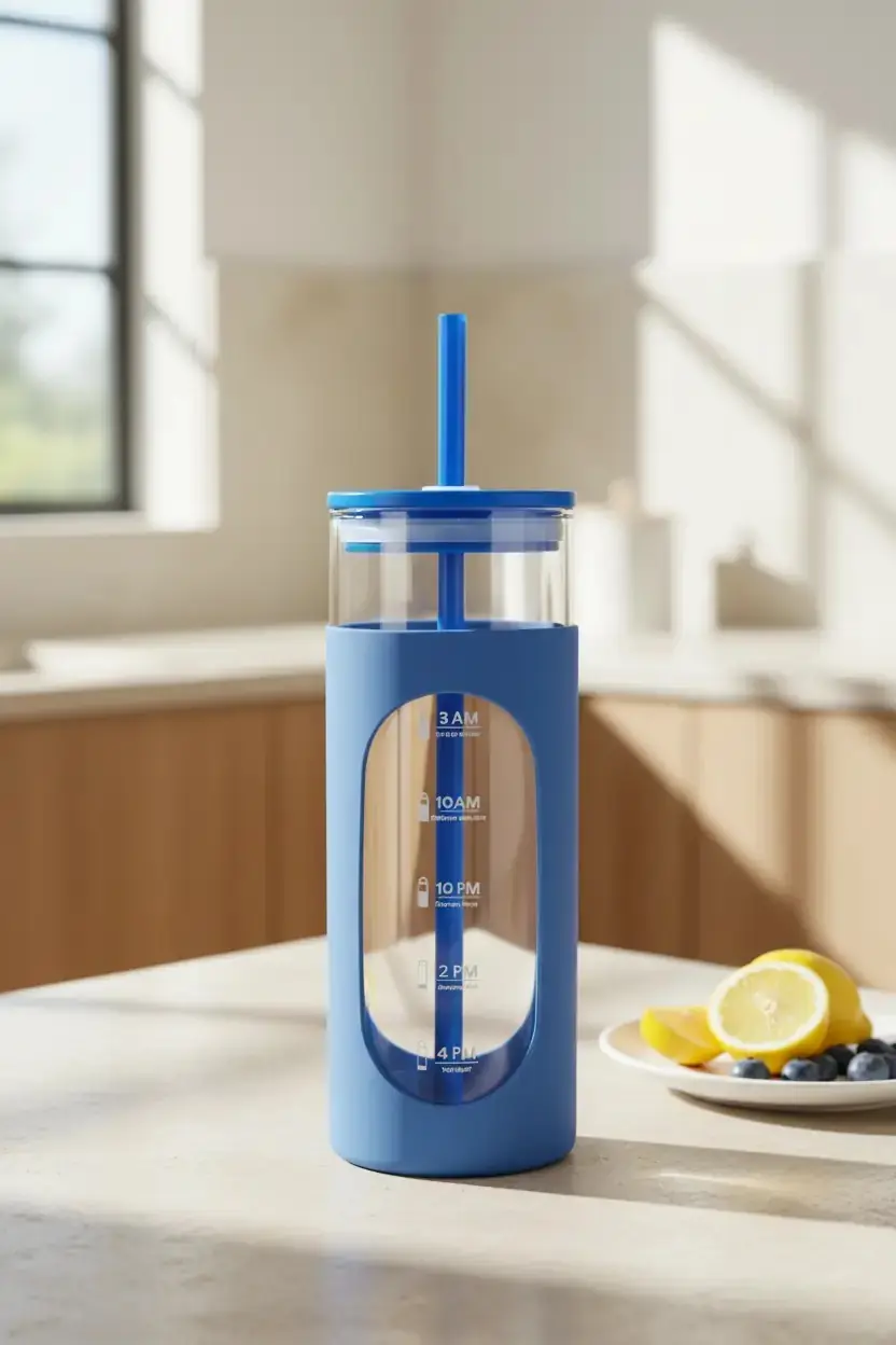 Miniso Lisanslı Silikon Kılıflı Pipetli Borosilikat Cam Şişe - Mavi (475 ml)