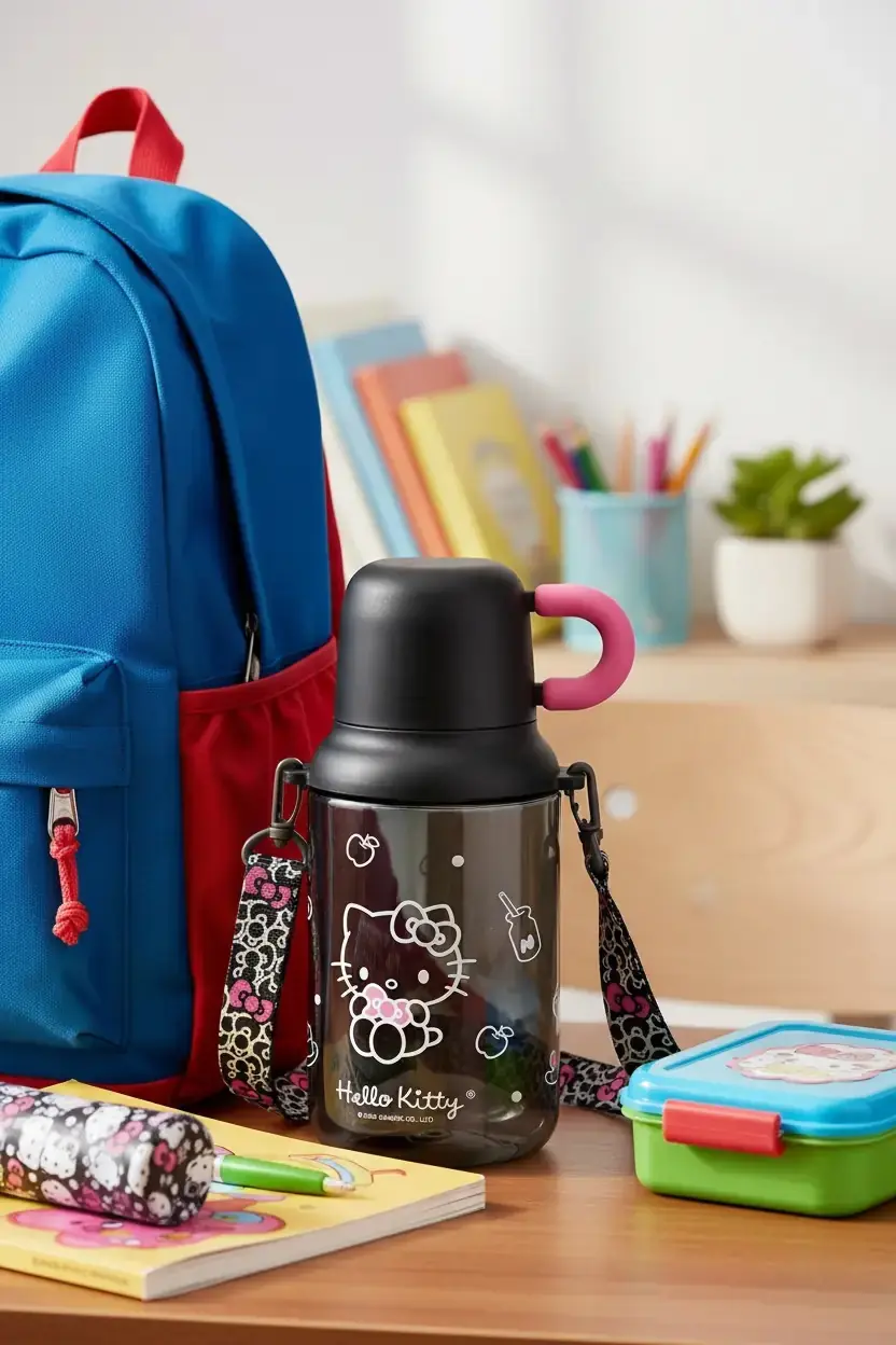 Hello Kitty Siyah Beyaz Serisi Askılı Plastik Matara (680 mL