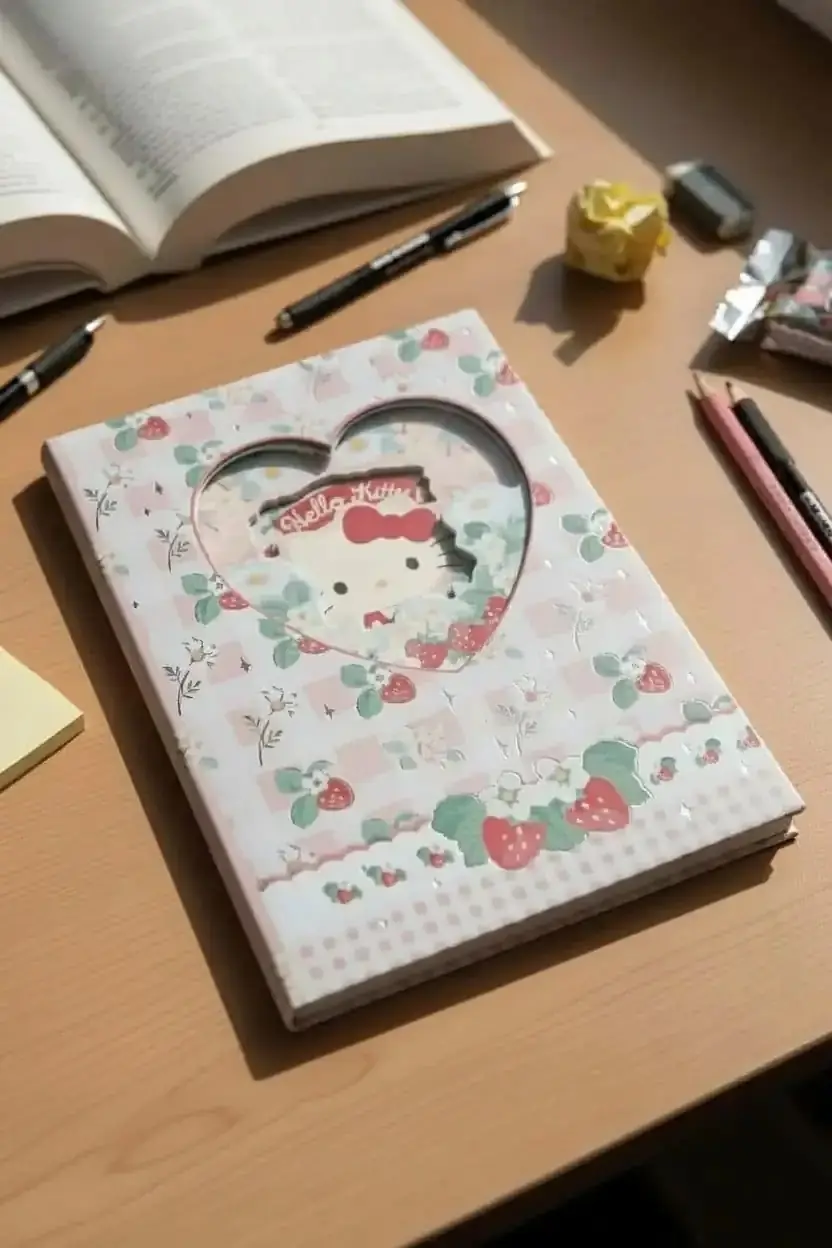 Sanrio Lisanslı Hello Kitty Sert Kapak Not Defteri – 96 Yaprak Çilek ve Kalp Temalı Pastel Tasarım