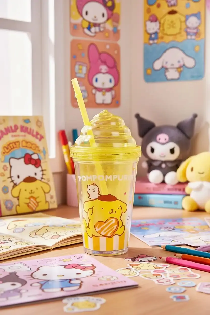 Sanrio Lisanslı Pompompurin Pipetli Plastik Şişe – Ergonomik Tasarımlı Çocuk Matarası