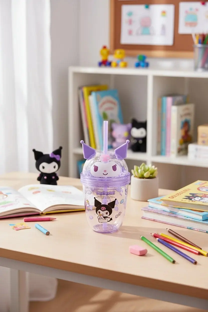 Sanrio Lisanslı Kuromi Tatlı Fabrikası Serisi Kulak Detaylı Pipetli Su Şişesi 435 ml