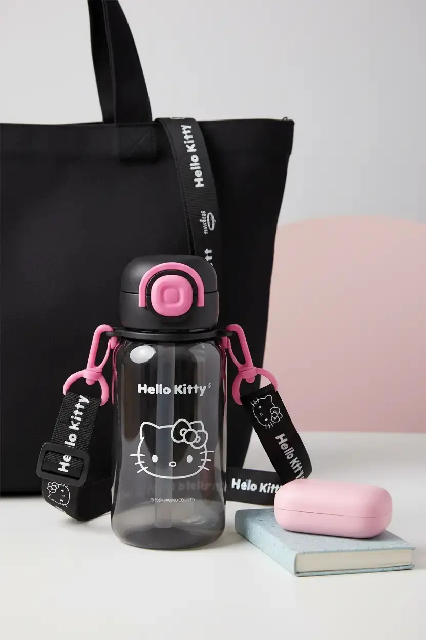 Hello Kitty Siyah Beyaz Serisi Askılı Pipetli Plastik Matara