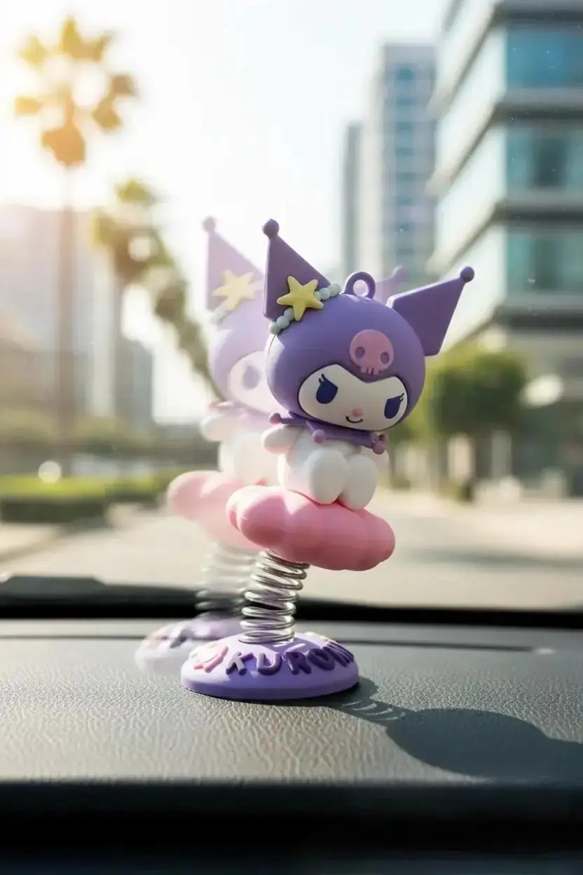 Sanrio Lisanslı Okyanus Hazinesi Hareketli Araba Süsü - Kuromi Figürlü Yaylı Dikiz Aynası Aksesuarı