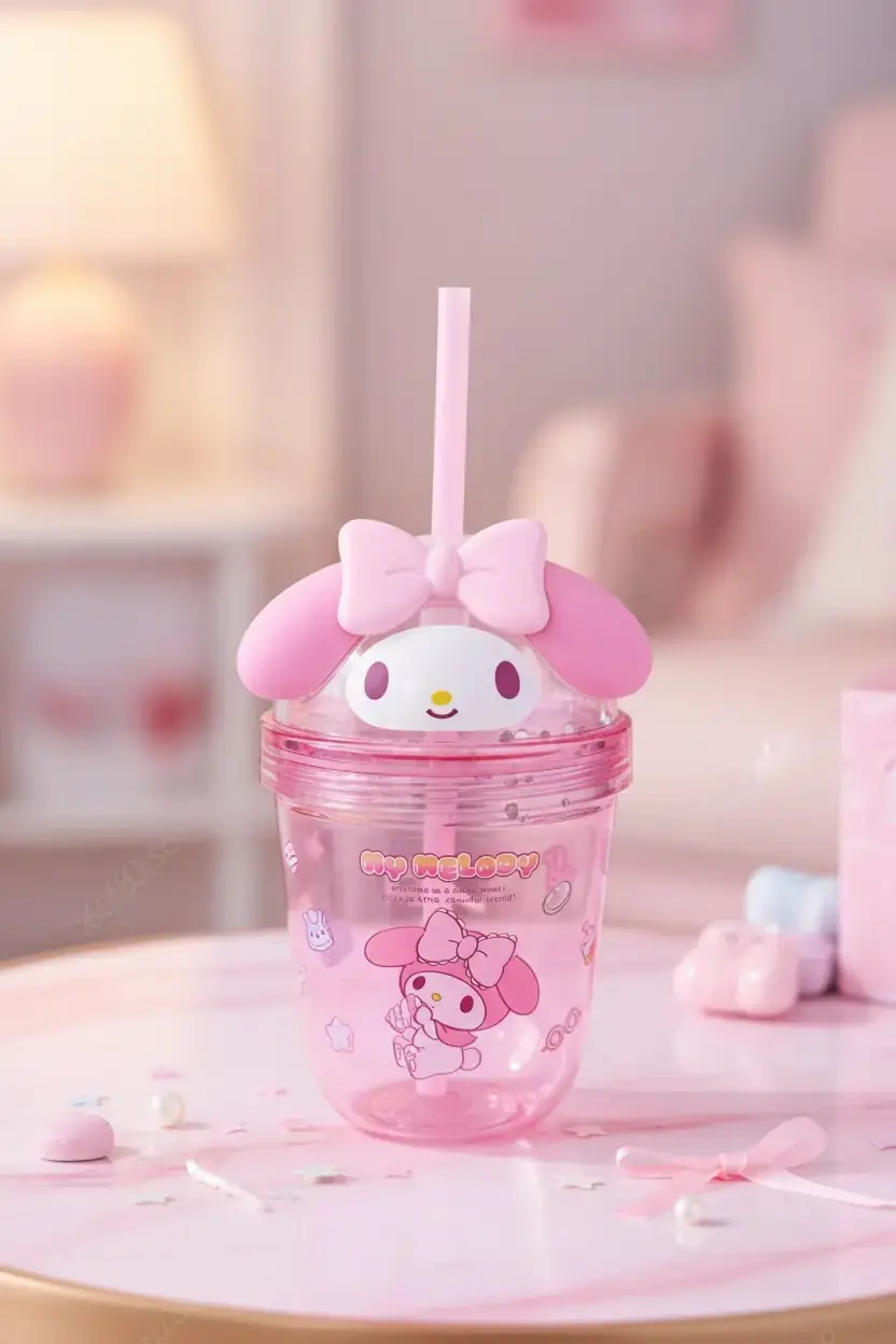Sanrio Lisanslı My Melody Tatlı Fabrikası Serisi Fiyonk Detaylı Pipetli Su Şişesi 435 ml