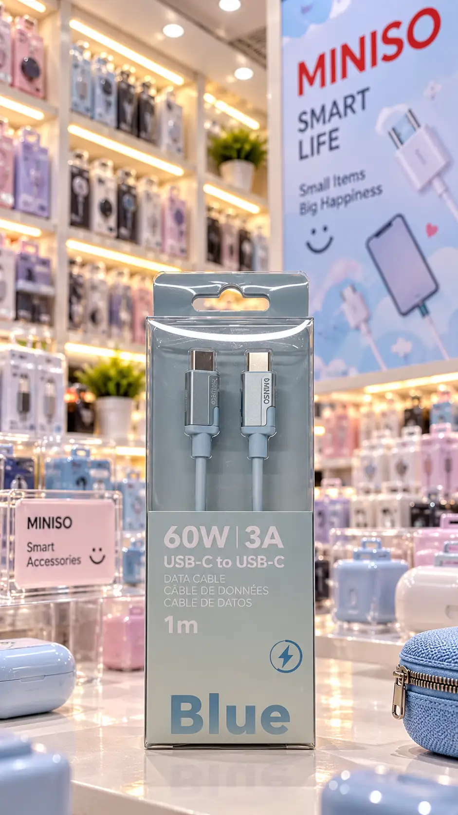 Miniso Lisanslı Macaron Serisi CTC Hızlı Şarj Veri Kablosu – 3A Mavi