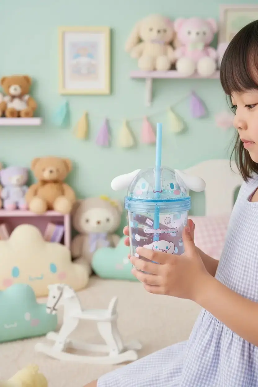 Sanrio Lisanslı Cinnamoroll Tatlı Fabrikası Serisi Kulak Detaylı Pipetli Su Şişesi 435 ml