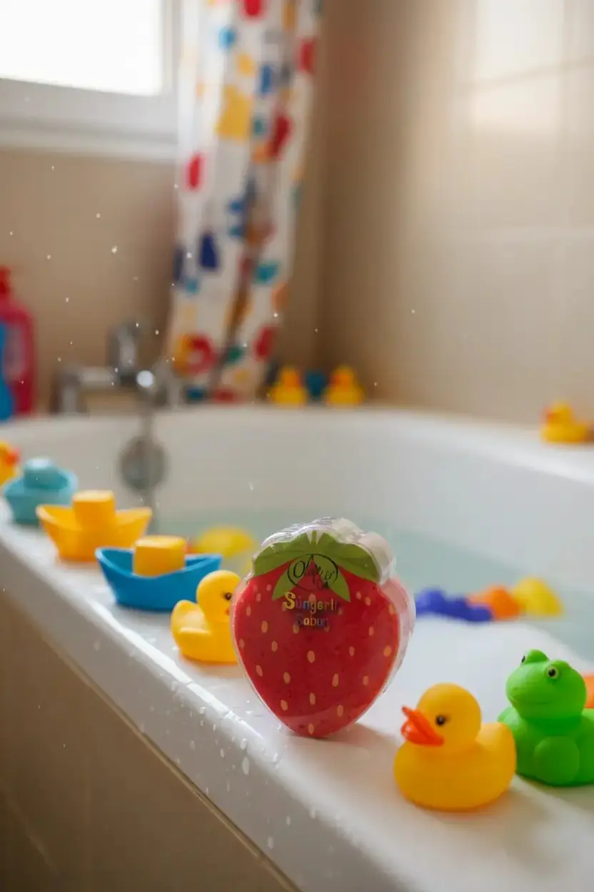 Çilek Figürlü Süngerli Sabun – 2’si 1 Arada Meyve Aromalı Pratik Banyo Süngeri