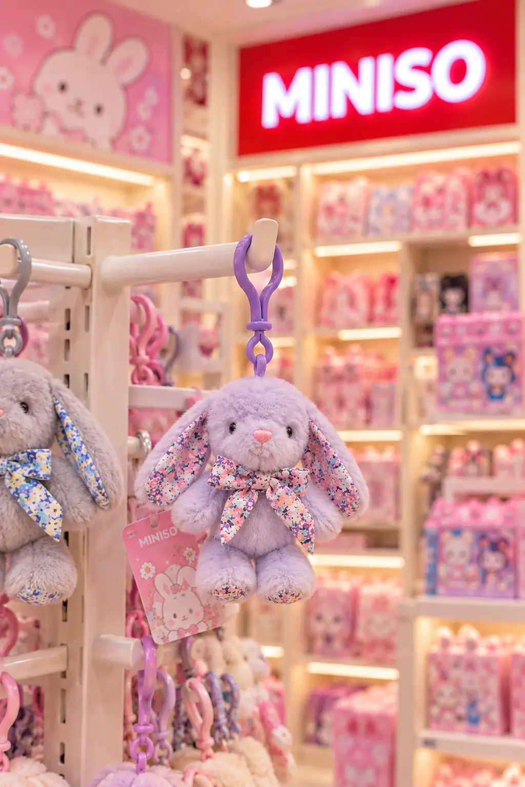 Miniso Lisanslı Fiyonklu Tavşan 6 İnç Peluş Askı Süsü Mor – Çiçek Desenli Model