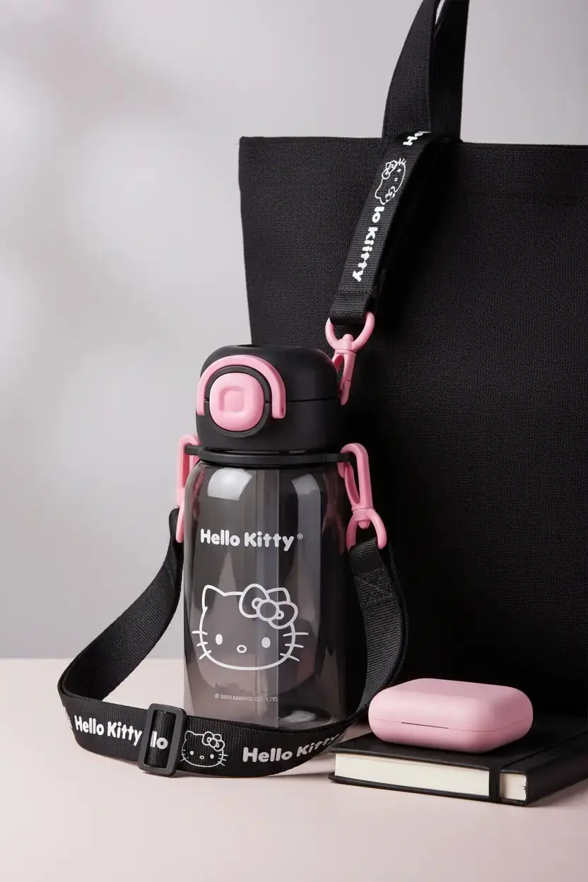 Hello Kitty Siyah Beyaz Serisi Askılı Pipetli Plastik Matara