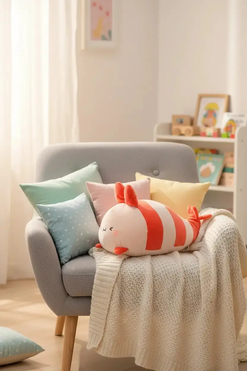 Miniso Lisanslı Sevimli Karides Peluş Oyuncak – Yumuşak Dokulu Dekoratif Koleksiyon Figürü 17 Cm