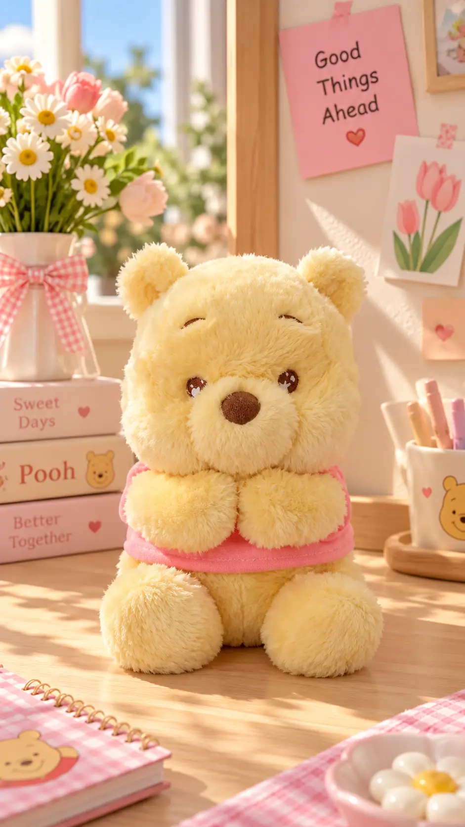 Disney Lisanslı Winnie the Pooh Koleksiyonu 25 cm Kokulu Oturan Pooh Peluş Oyuncak – Pembe Tişörtlü Model