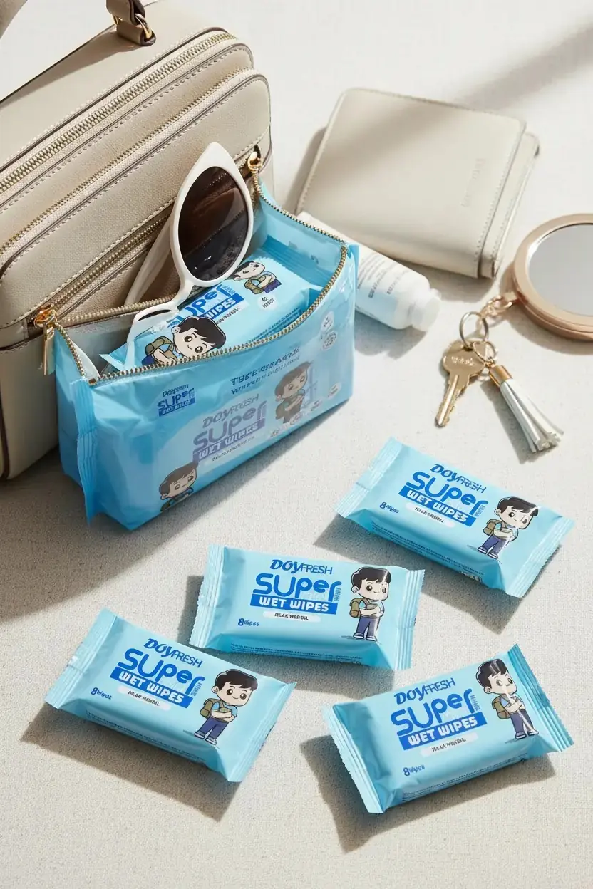 Doyfresh Super 8'li Mini Islak Mendil Seti – Alkol İçermez & Ferah Mavi