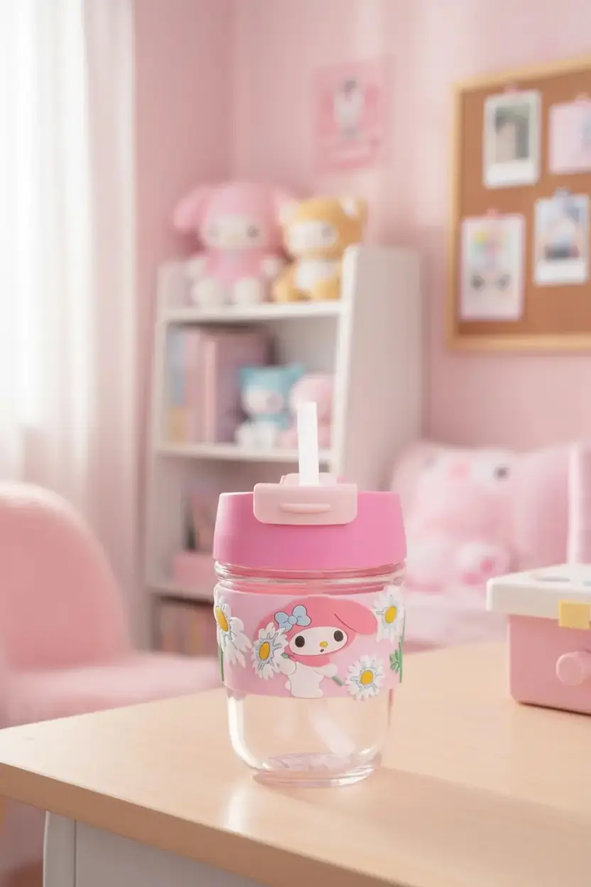 Sanrio Lisanslı Silikon Kulplu Pipetli Mini Cam Şişe My Melody 350 ml