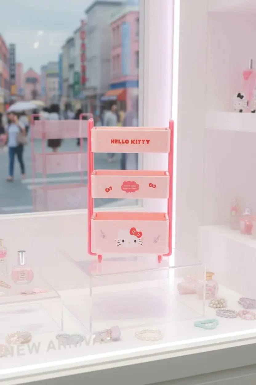 Sanrio Lisanslı Hello Kitty Tekerlekli El Arabası – Masa Üstü Takı ve Makyaj Organizeri
