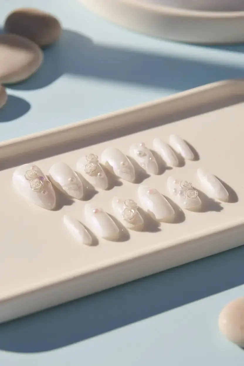 Gold Beauty Beyaz Gül Detaylı ve Taşlı Takma Tırnak Seti – 24 Adet
