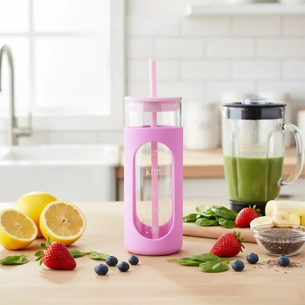 Miniso Lisanslı Silikon Kılıflı Pipetli Borosilikat Cam Şişe - Pembe (475 ml)