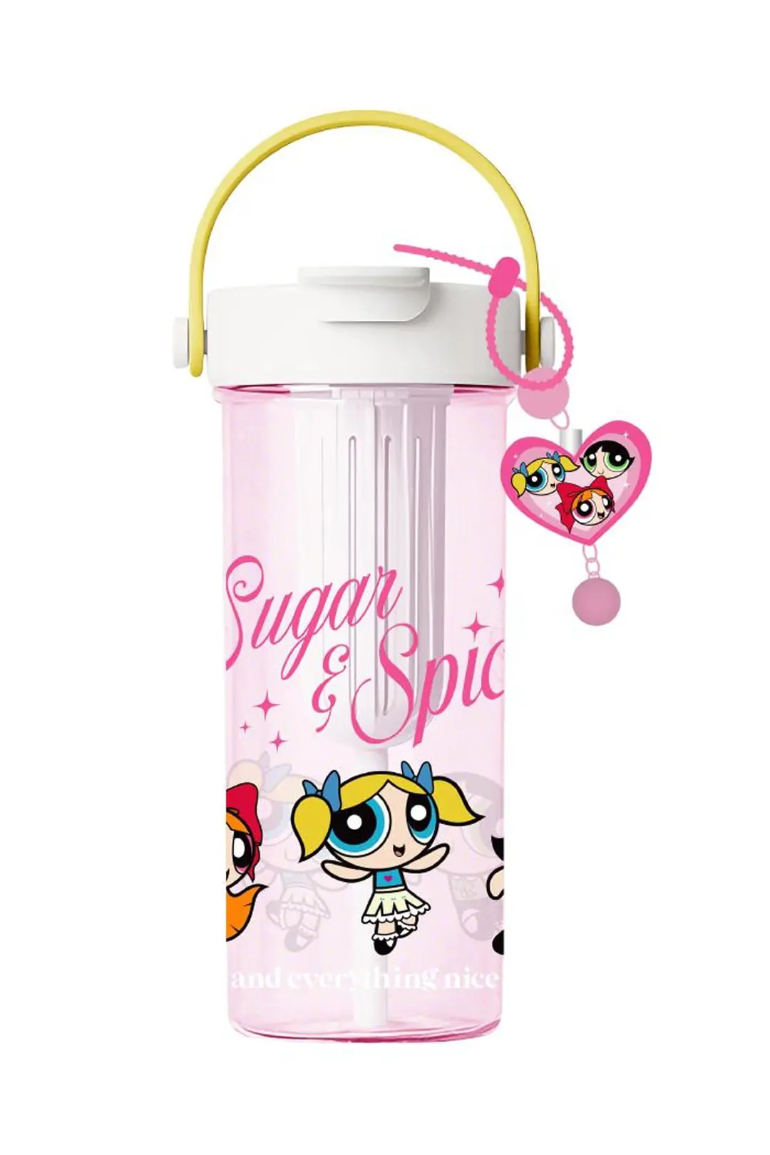 The Powerpuff Girls Lisanslı Saplı Çift İçimli Plastik Matara 20,8 Cm – Eğlenceli Tasarım
