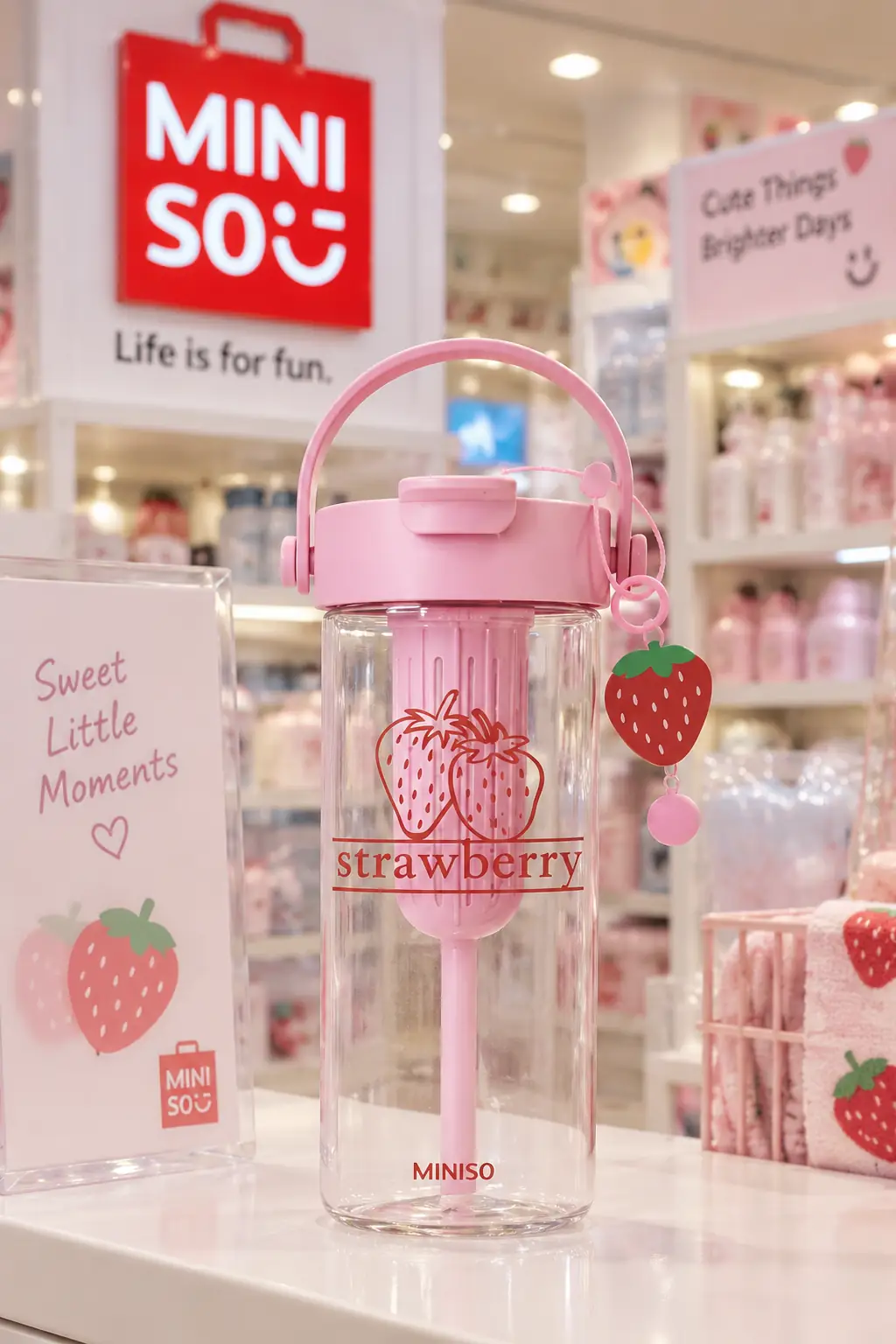 Miniso Lisanslı Çilek Serisi Askılı Plastik Şişe 750 Ml – Pipetli 20,8 Cm