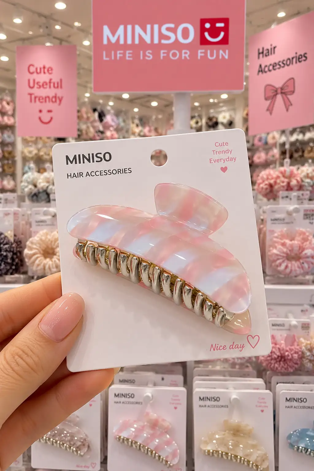 Miniso Lisanslı Pembe Mermer Desenli Mandal Saç Tokası 11 Cm – Güçlü Tutuşlu