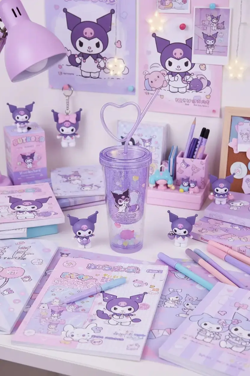 Sanrio Lisanslı Kuromi Tatlı Fabrikası Serisi Kalp Pipetli Çift Duvarlı Plastik Şişe 440 ml