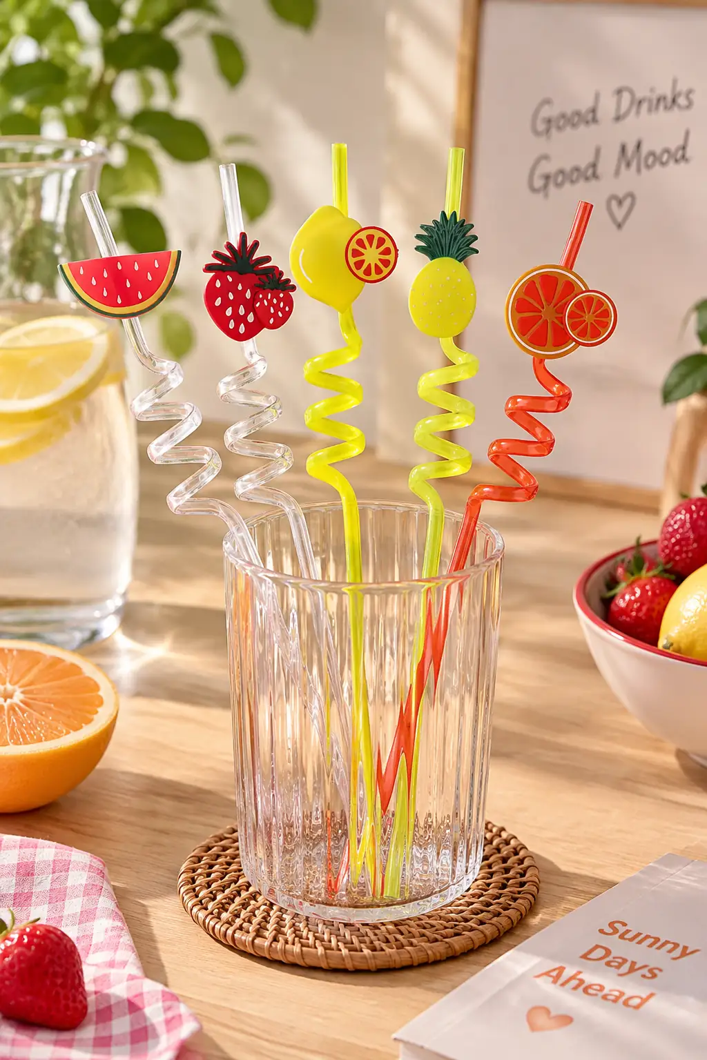 Miniso Lisanslı Meyve Tasarımlı Kıvrımlı Pipet Seti – 6 Parça Renkli Tasarım