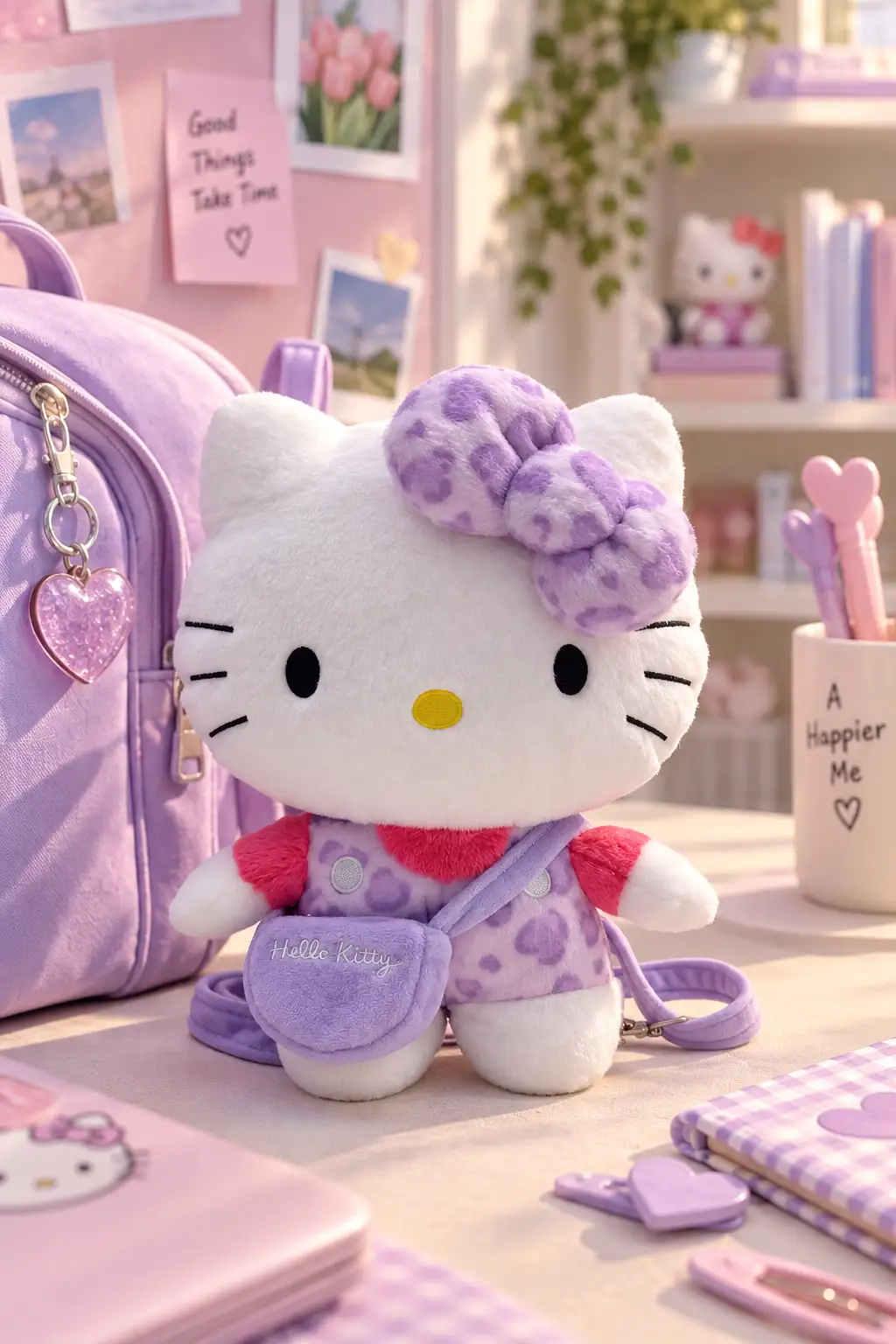 Sanrio Lisanslı Hello Kitty Peluş Sırt Çantası Mor – Leopar Desenli 30 Cm