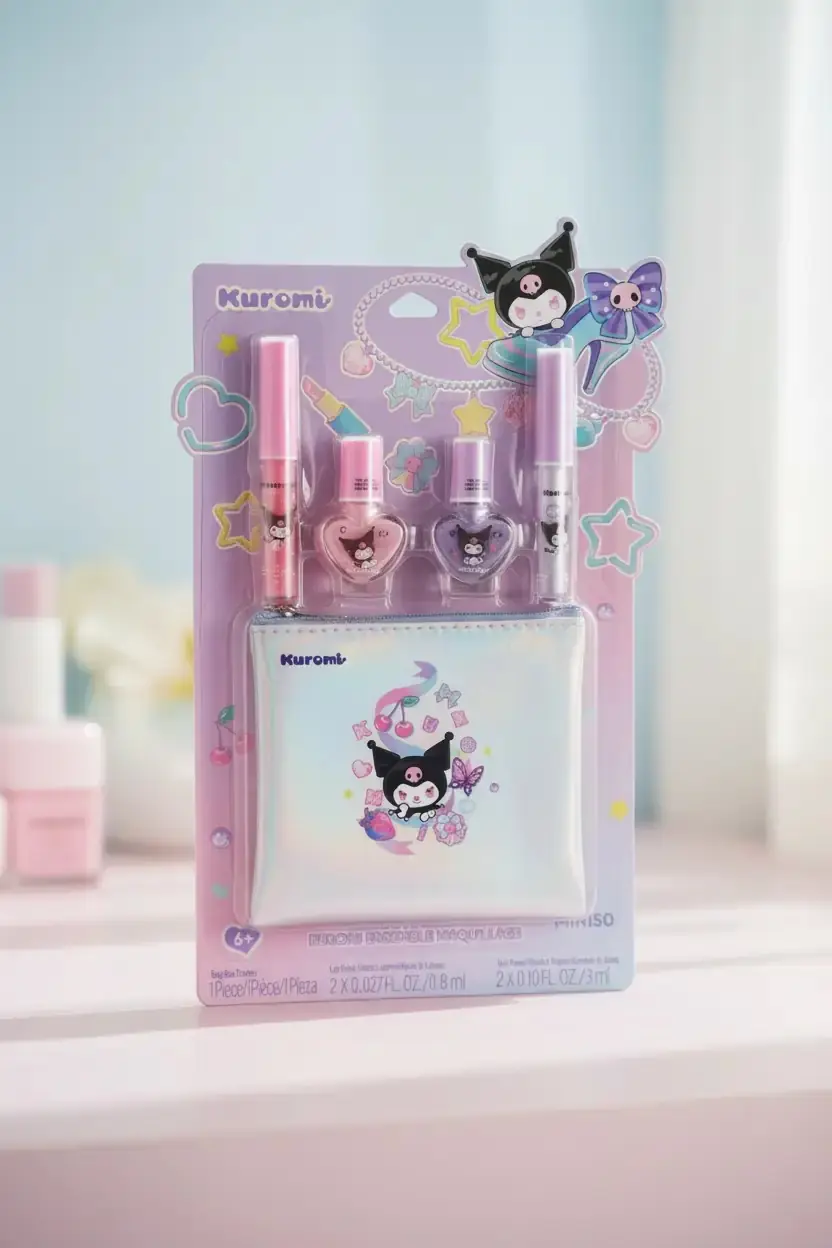 Sanrio Lisanslı Kuromi Dudak Parlatıcısı, Oje ve Makyaj Seti – Parlak ve Eğlenceli Bakım