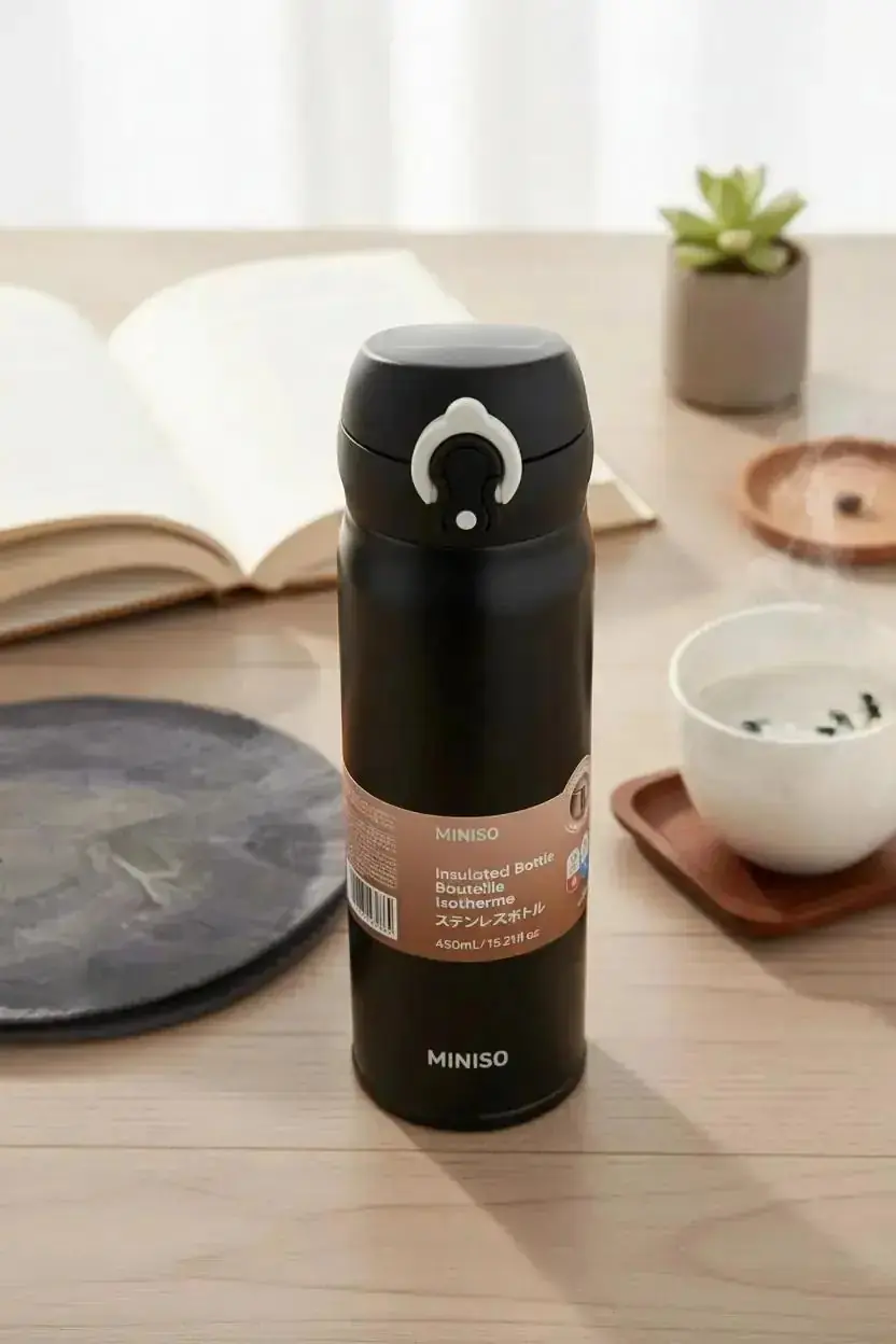 Miniso Lisanslı Kahve Serisi Kapaklı Termos Siyah 450 Ml – Paslanmaz Çelik
