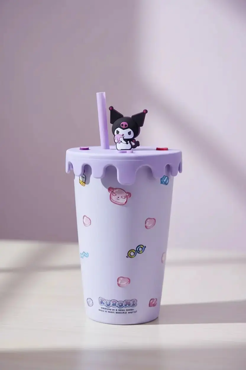 Sanrio Lisanslı Kuromi Tatlı Fabrikası Serisi Kapaklı ve Pipetli Dekoratif Seramik Bardak 400 ml