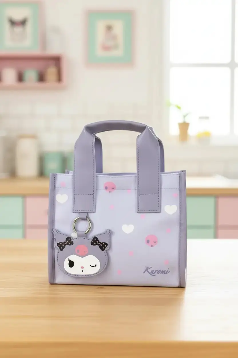 Sanrio Lisanslı Kuromi Kare Yiyecek Çantası – Dayanıklı ve Isı Korumalı Beslenme Çantası 23 Cm
