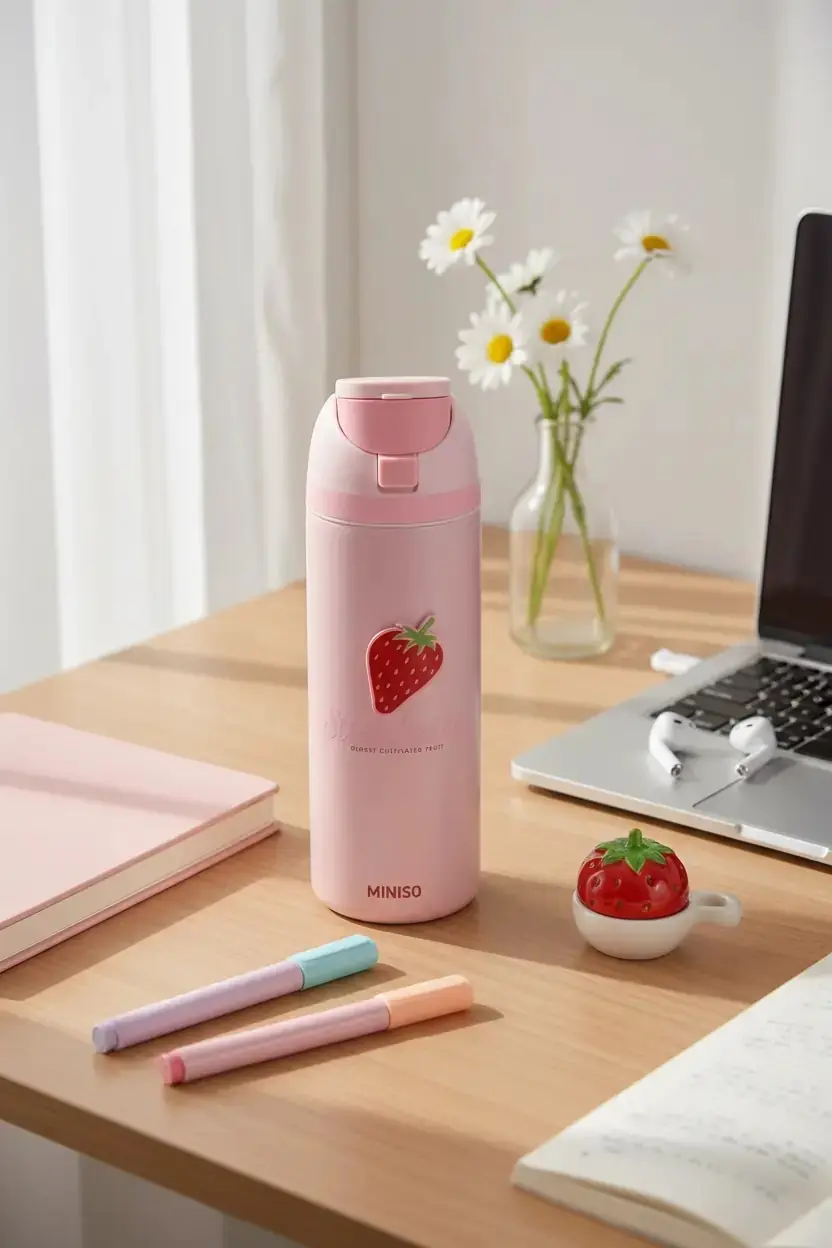 Miniso Lisanslı Çilek Serisi Paslanmaz Çelik Şişe 720 mL – Açılır Kapaklı Pembe